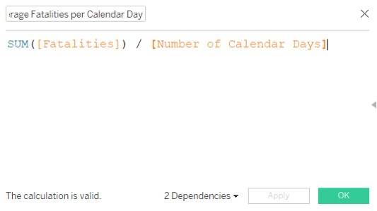 Create calculated fied: Average Fatalities per Calendar Day