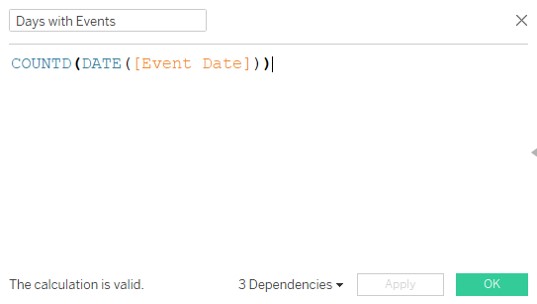 Create calculated field: Days with events